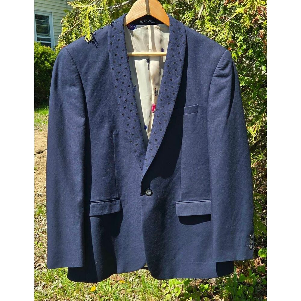 Tazio Italy Embellished Silk Lined Navy Sport Coat Suit Jacket Sz. 42R